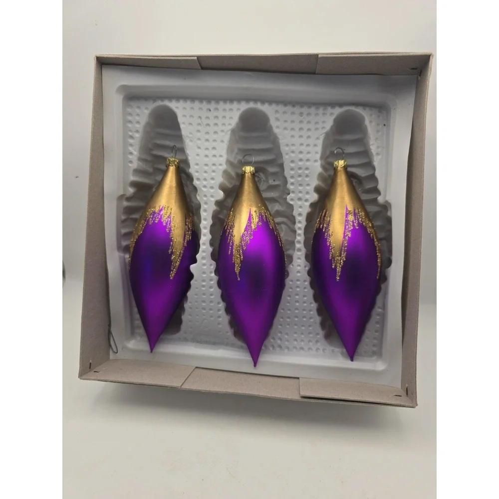 German Glass Teardrop Christmas Ornaments Violet/Gold Snowflake Hanging Set 3pc